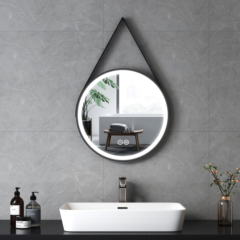Emke - Miroir lumineux de salle de bain rond avec Interrupteur Tactile, 3 Couleurs de lumière Variable, Cadre Noir et bandoulière réglable Diamètre