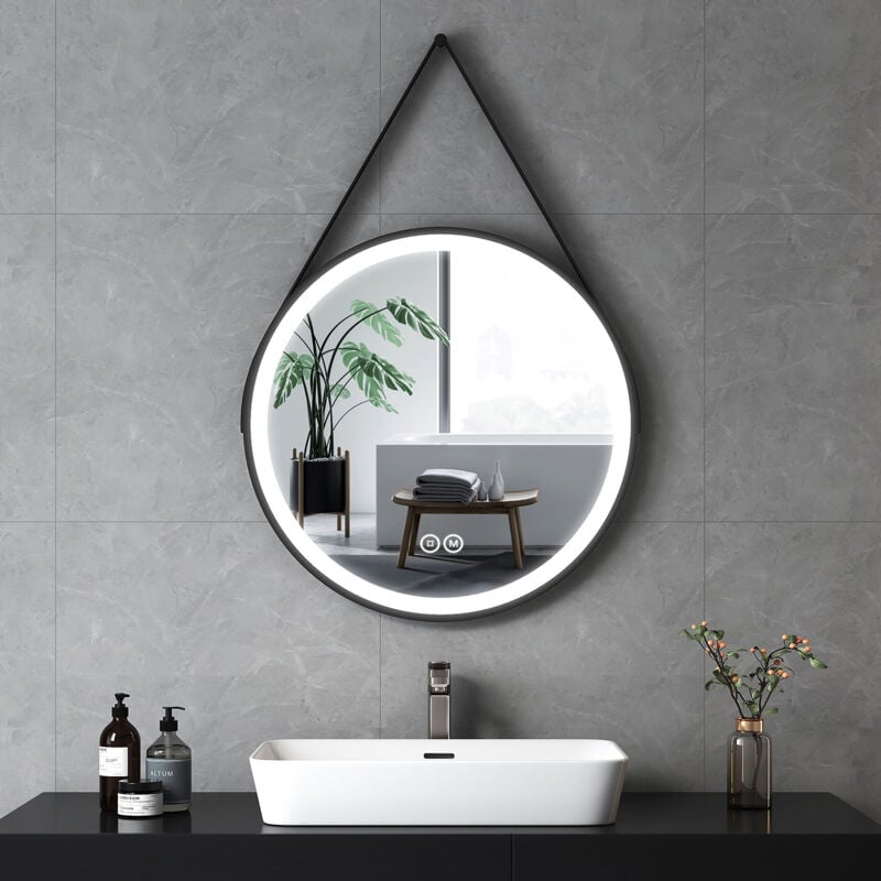 Emke - Miroir lumineux de salle de bain rond avec Interrupteur Tactile, 3 Couleurs de lumière Variable, Cadre Noir et bandoulière réglable Diamètre