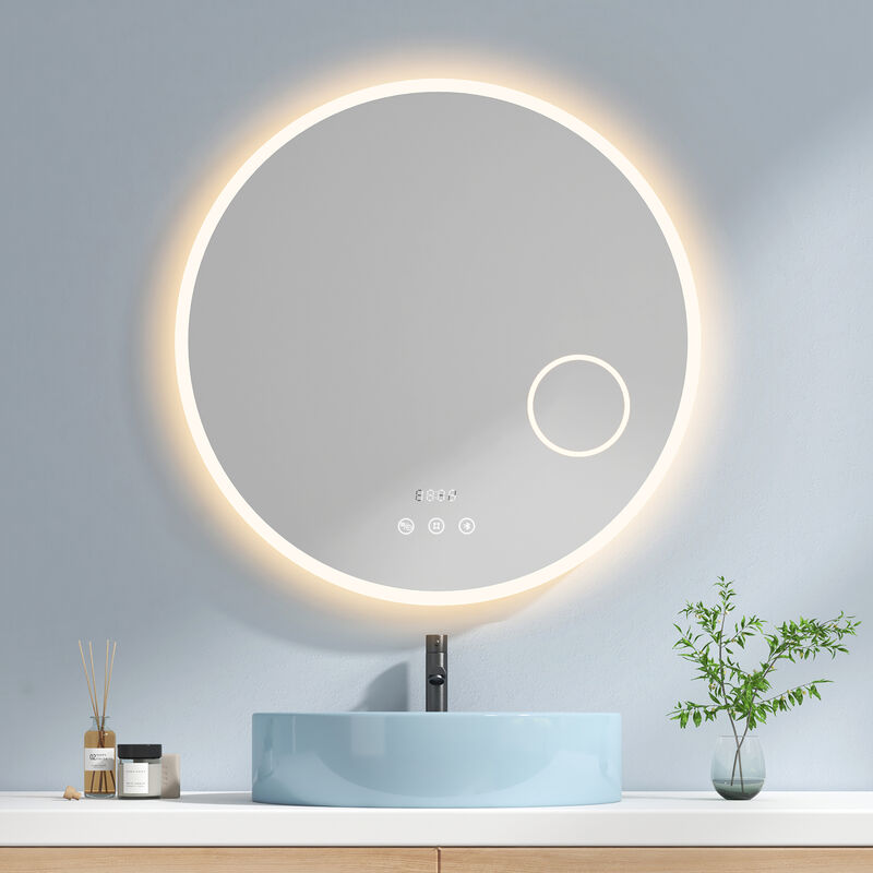 Miroir lumineux de salle de bain Rond Cadre Acrylique avec Loupe 3x, Interrupteur tactile, Anti-buée, Bluetooth, Horloge, Température, Dimmable,
