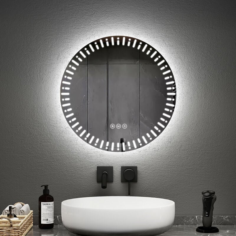 Emke - Miroir lumineux de salle de bain rond, Miroir de salle de bain design, Interrupteur Tactile Anti-buée Dimmable - Diamètre 50cm Lumière Blanche