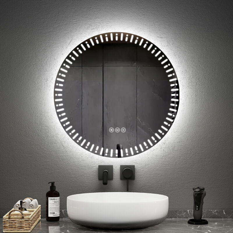 Emke - Miroir lumineux de salle de bain rond, Miroir de salle de bain design, Interrupteur Tactile Anti-buée Dimmable - Diamètre 60cm Lumière Blanche