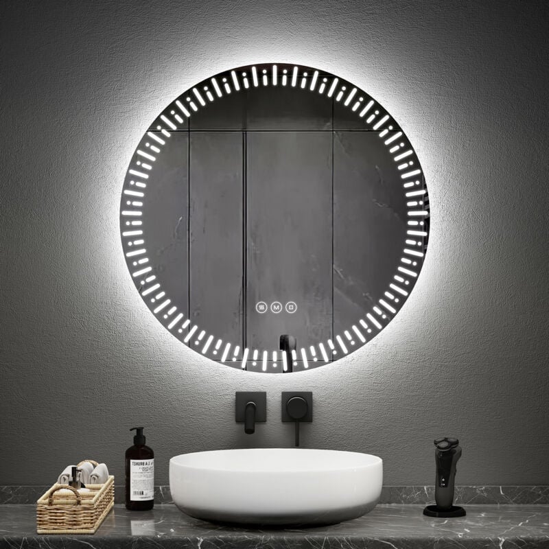 Emke - Miroir lumineux de salle de bain rond, Miroir de salle de bain design, Interrupteur Tactile Anti-buée Dimmable - Diamètre 70cm Lumière Blanche