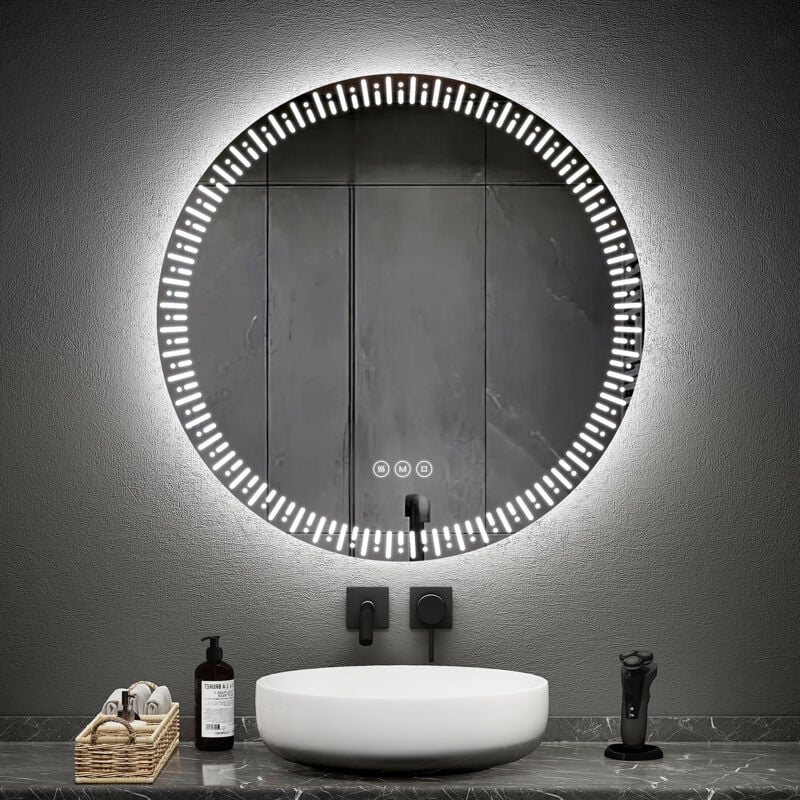 Emke - Miroir lumineux de salle de bain rond, Miroir de salle de bain design, Interrupteur Tactile Anti-buée Dimmable - Diamètre 80cm Lumière Blanche