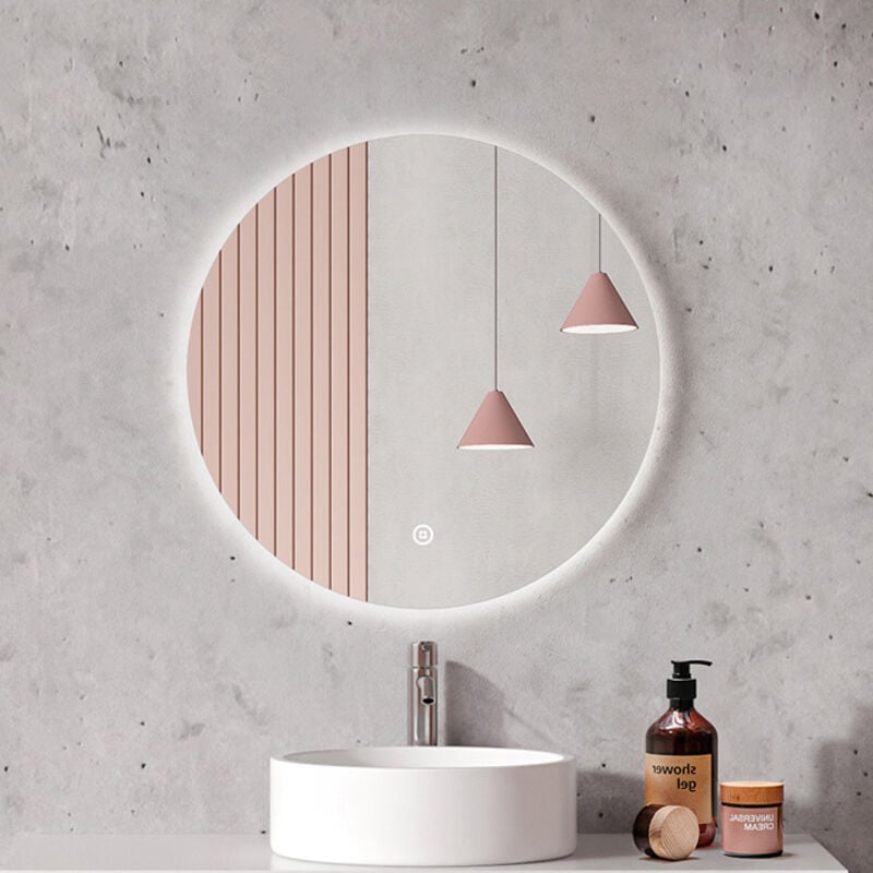 Emke - Miroir lumineux de salle de bain Rond rétro-éclairage led sans cadre, avec Interrupteur tactile Lumière Blanche Froide Diamètre 60cm