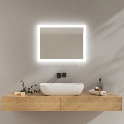 EMKE 70x50cm, Miroir LED avec Interrupteur à bouton, Anti-buée, Miroir avec éclairage lumière Blanche Froide/Chaude