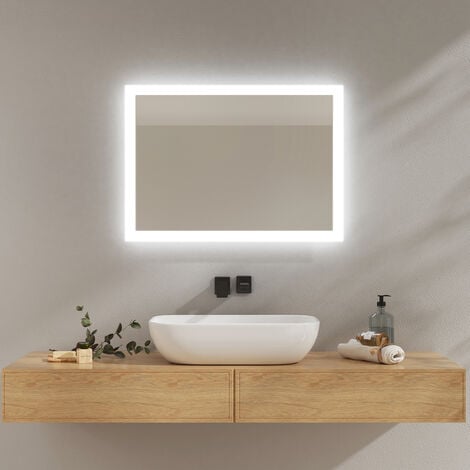 EMKE 70x50cm, Miroir LED avec Interrupteur à bouton, Anti-buée, Miroir avec éclairage lumière Blanche Froide/Chaude