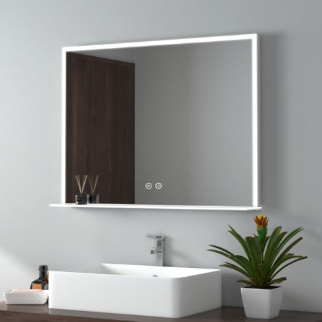 Emke – Miroir lumineux salle de bain 80x60 cm – Éclairage LED blanc froid – Interrupteur tactile – Fonction anti-buée – Étagère en verre incluse