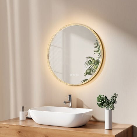EMKE Miroir Lumineux Salle de Bain LED avec Tactile et Anti-Buée - Miroir de Salle de Bain rond 60cm Cadre Doré, 3 Tons de Lumière Chaude/Froide/Neutre, Cadre en Cristal d'Acrylique