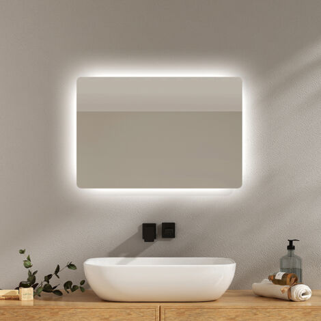 EMKE Miroir lumineux salle de bain Rétro-éclairage 60x40cm, Miroir LED avec Interrupteur à bouton, Anti-buée, Miroir avec éclairage lumière Blanche Froide/Chaude