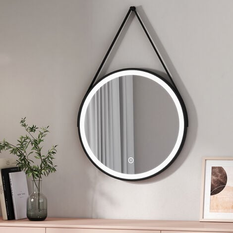 EMKE Miroir lumineux salle de bain rond diamètre 60cm cadre noir avec lanière réglable, Miroir LED rond avec Interrupteur Tactile, Miroir avec éclairage Lumière Froide