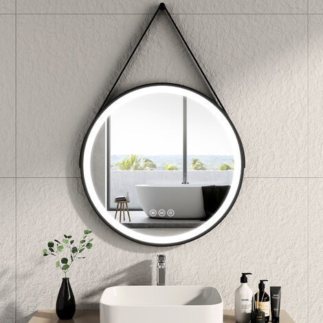 Emke – Miroir lumineux de salle de bain rond 70cm – Interrupteur tactile – Fonction anti-buée – Éclairage LED blanc chaud/froid – Lanière réglable