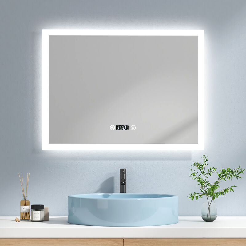 Miroir de salle de bain avec éclairage Miroir de salle de bain led 80x60cm Interrupteur Tactile, Anti-buée, Horloge Lumière Blanche Froide - Emke