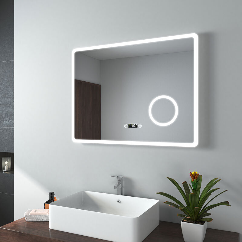 Miroir de salle de bain led avec Loupe 3 Fois 80x60cm Loupe 3x, Interrupteur Tactile, Anti-buée, Horloge Lumière Blanche Froide/Chaude/Neutre - Emke
