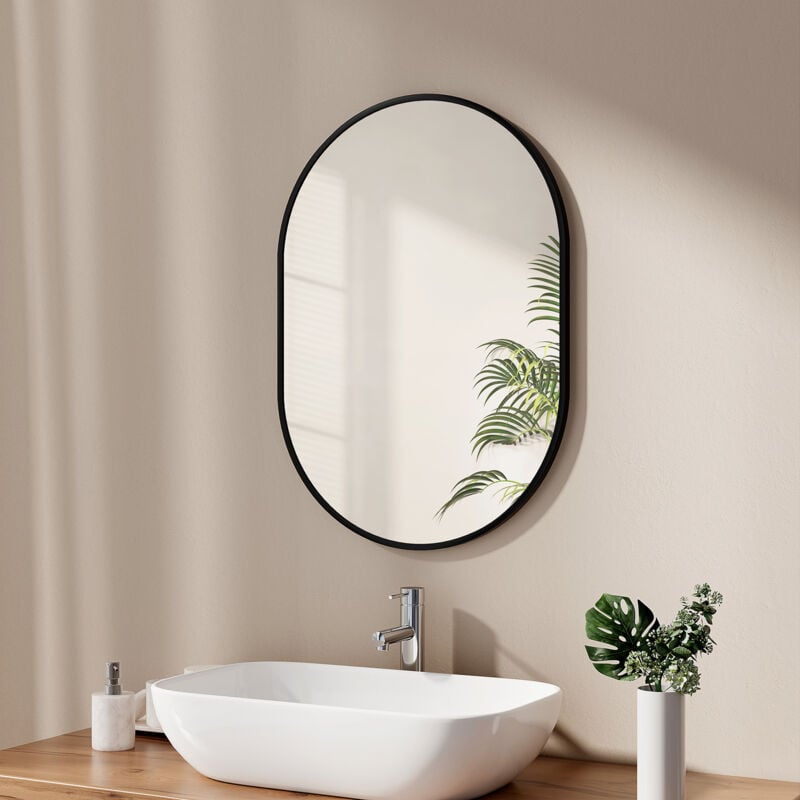 Miroir simple de salle de bain ovale, Miroir mural horizontal/vertical - Cadre noir 50x70cm - Emke