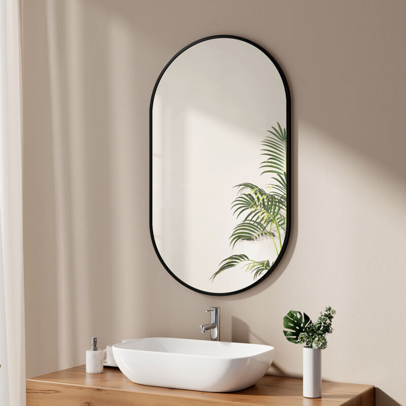 Emke - Miroir simple de salle de bain ovale, Miroir mural horizontal/vertical - Cadre noir 60x100cm