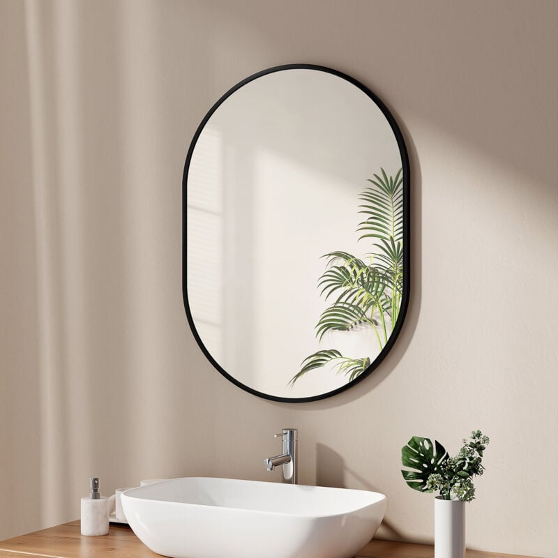Miroir simple de salle de bain ovale, Miroir mural horizontal/vertical - Cadre noir 60x80cm - Emke
