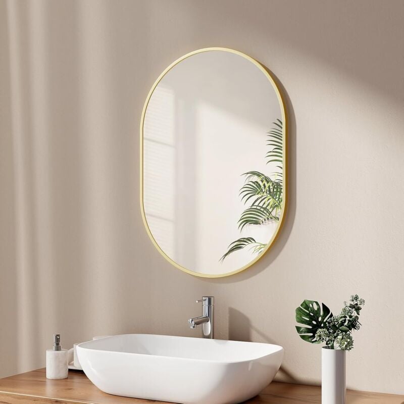 EMKE Miroir simple de salle de bain ovale, Miroir mural horizontal/vertical - Cadre Couleur dorée 45x60cm