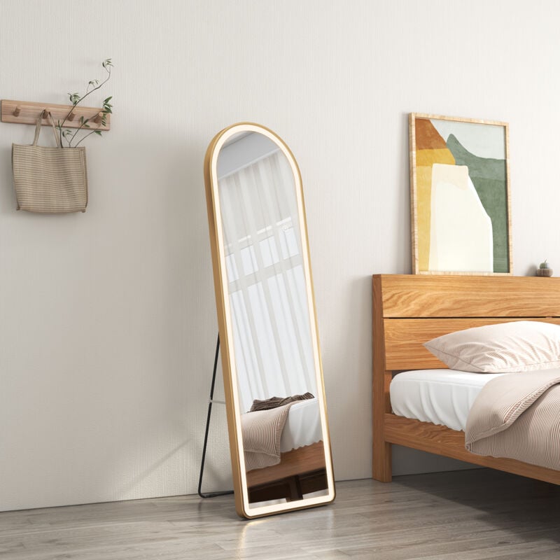 Miroir sur pied 147 x 45 cm, led Miroir sur Pied Miroir de Sol, Alliage d'Aluminium avec Cadre-Doré - Emke