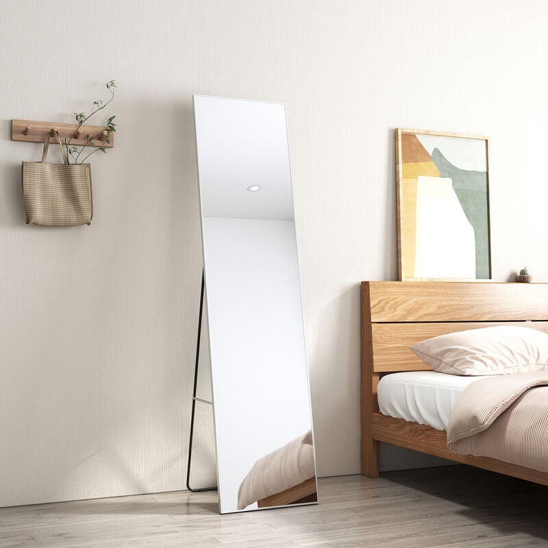 Emke - Miroir sur Pied, 160 x 40 cm, Miroir Rectangulaire, Miroir Suspendu Mural avec support amovible, Cadre en aluminium Chrome