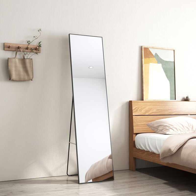 Emke - Miroir sur Pied, 160 x 40 cm, Miroir Rectangulaire, Miroir Suspendu Mural avec support amovible, Cadre en aluminium Noir