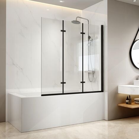 EMKE Pannello doccia nero per vasca da bagno, 130 x 140 cm, 3 pezzi, pieghevole, per vasca da bagno, doccia, vasca da bagno, vasca da bagno da bagno in vetro di sicurezza da 6 mm