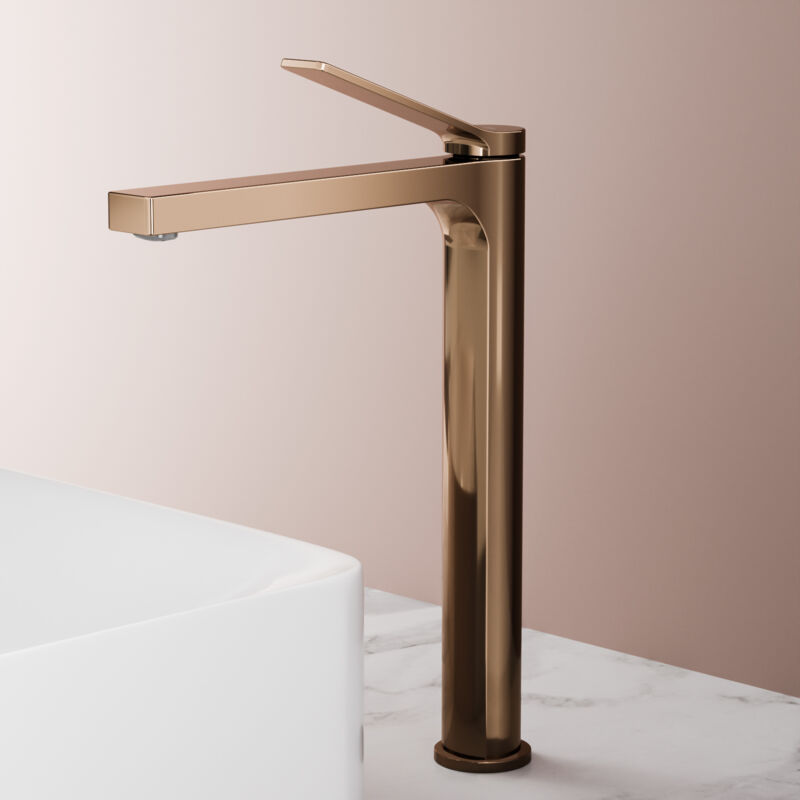 Emke - Robinet Salle de Bain Haut, Robinet de lave-mains avec Aérateur, Laiton, Cartouche Céramique, Or Rose