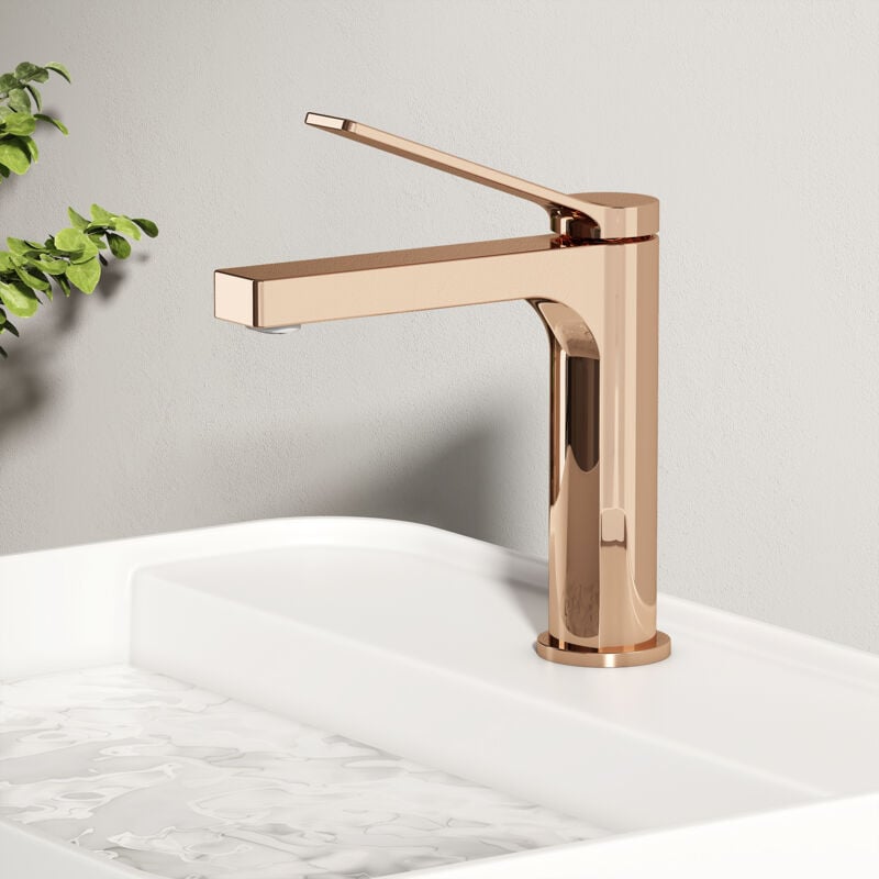 Emke - Robinet Salle de Bain, Robinet de lave-mains, avec Aérateur et Flexibles de 90 mm, Laiton, Cartouche Céramique, Or Rose