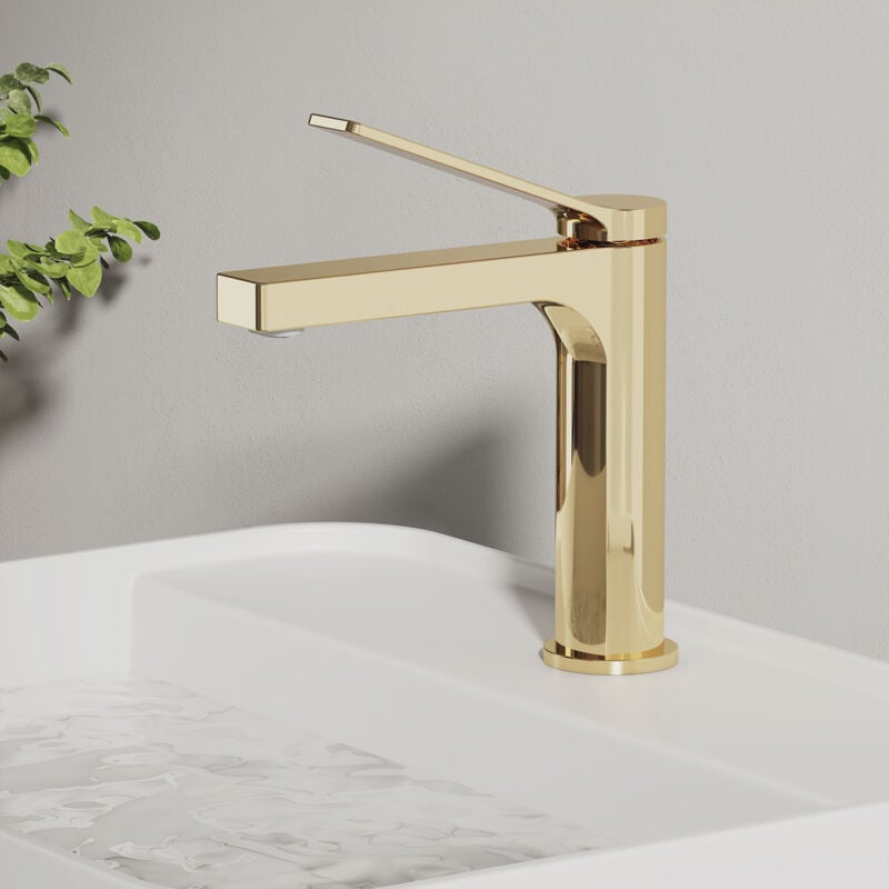 Emke - Robinet Salle de Bain, Robinet de lave-mains, avec Aérateur et Flexibles de 90 mm, Laiton, Cartouche Céramique, Or Champagne