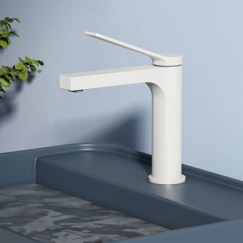 Emke - Robinet Salle de Bain, Robinet de lave-mains, avec Aérateur et Flexibles de 90 mm, Laiton, Cartouche Céramique, Blanc Mat