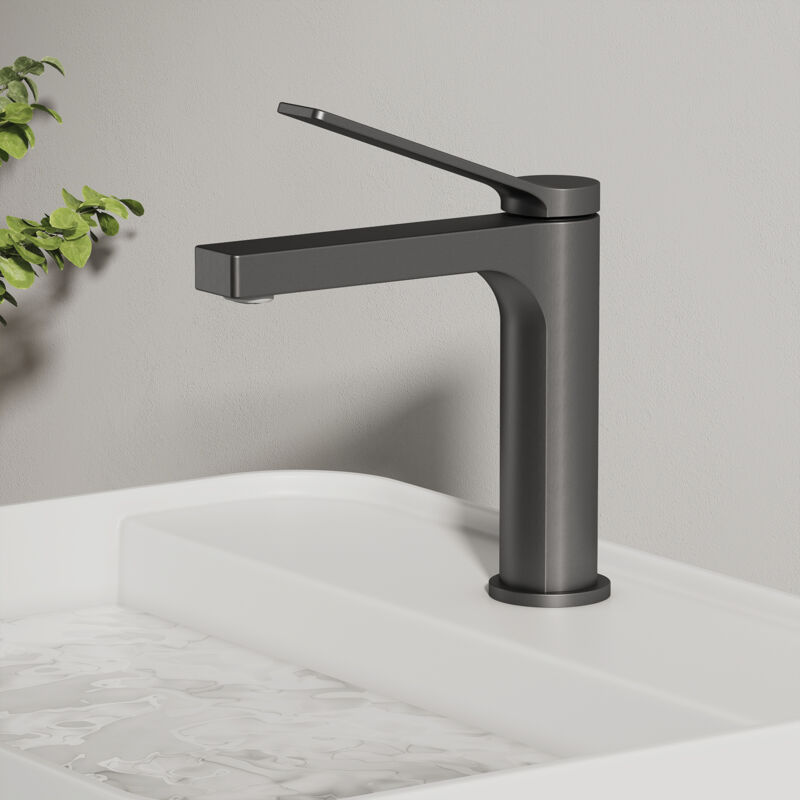 Emke - Robinet Salle de Bain, Robinet de lave-mains, avec Aérateur et Flexibles de 90 mm, Laiton, Cartouche Céramique, Anthracite Mat