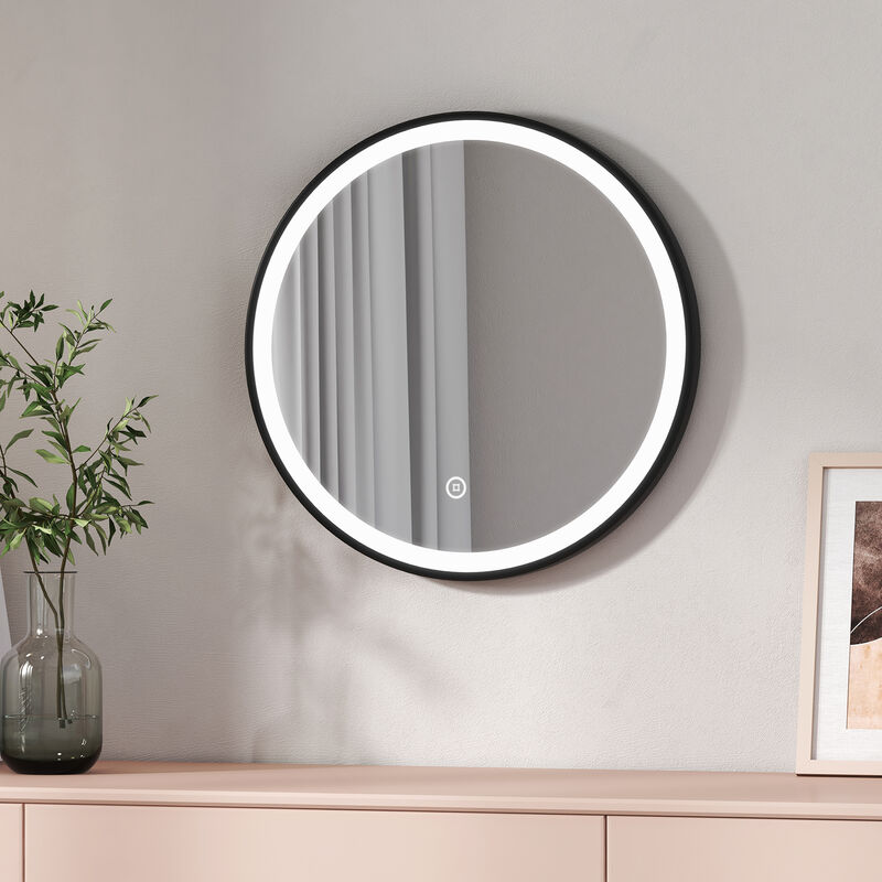 Round Bathroom led Mirror Backlit Makeup Mirror with Touch, Leather, Dustproof, Black 500mm - Emke