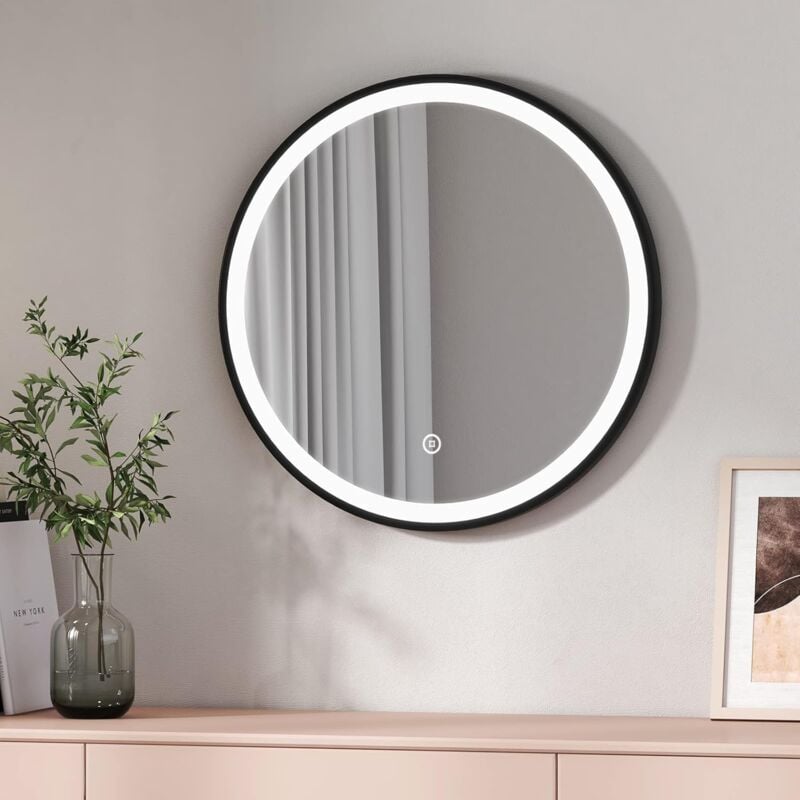 EMKE Round Bathroom LED Mirror Backlit Makeup Mirror with Touch, Leather, Dustproof, Black 600mm