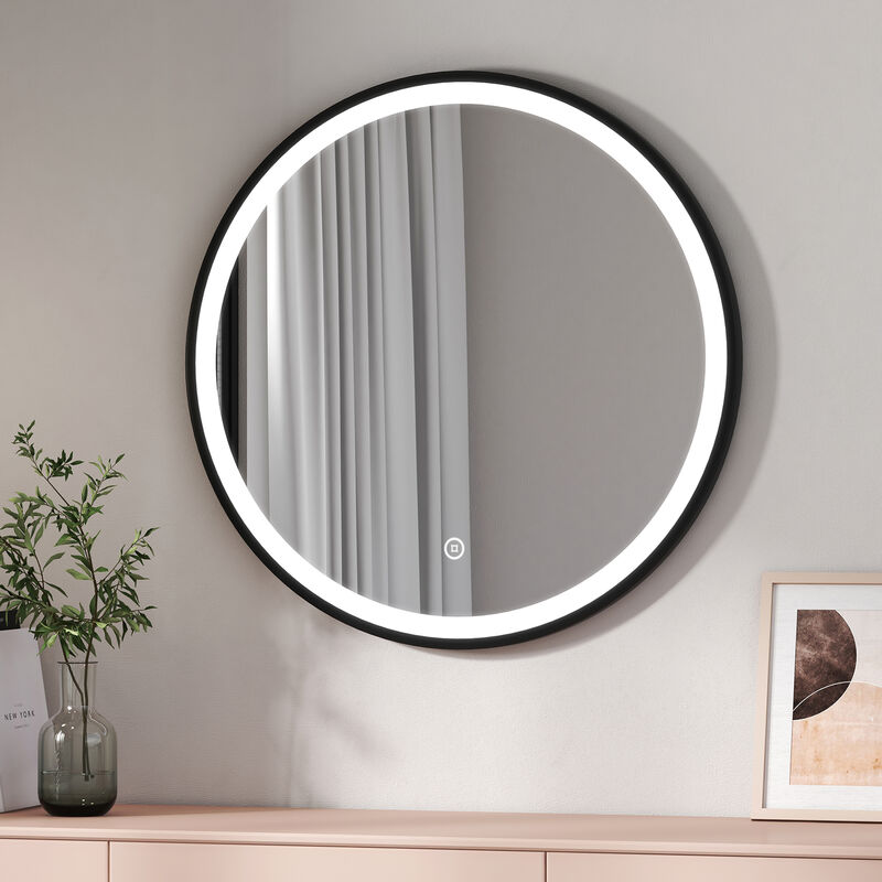 Round Bathroom led Mirror Backlit Makeup Mirror with Touch, Leather, Dustproof, Anti-fog, Black 800mm - Emke