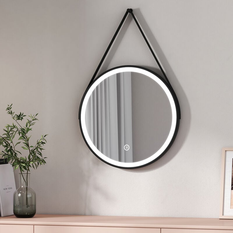 Round led Mirror Black Frame Leather Strap Illuminated Bathroom Mirror with Lights, Touch Control, Brightness Adjustable, 500mm - Emke