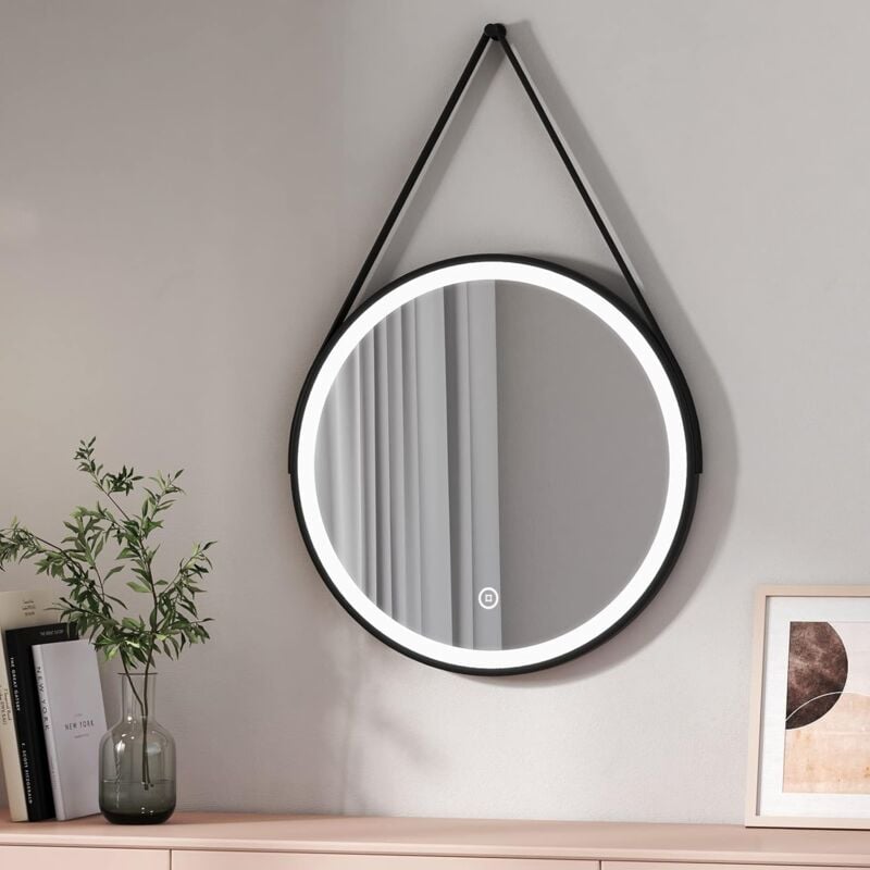 Round Demister Mirror Bathroom led Mirror with Leather Dimmable Black Illuminated mirror, 600mm - Emke