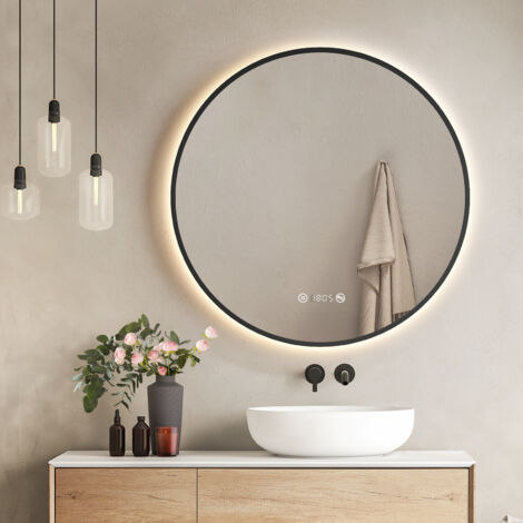 EMKE Runder LED Badspiegel 80cm Schwarzer Rand mit Antibeschlag, Neutrales Licht, Uhr & Temperaturanzeige, Dimmbar mit Memory-Funktion