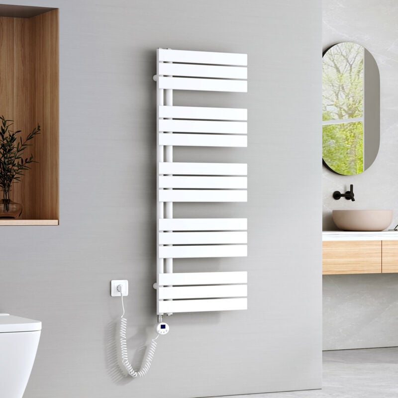 Sèche-Serviettes Électrique avec élément chauffant thermostat, Sèche-serviettes électrique Panneau avec baguette chauffante avec minuterie, Blanc