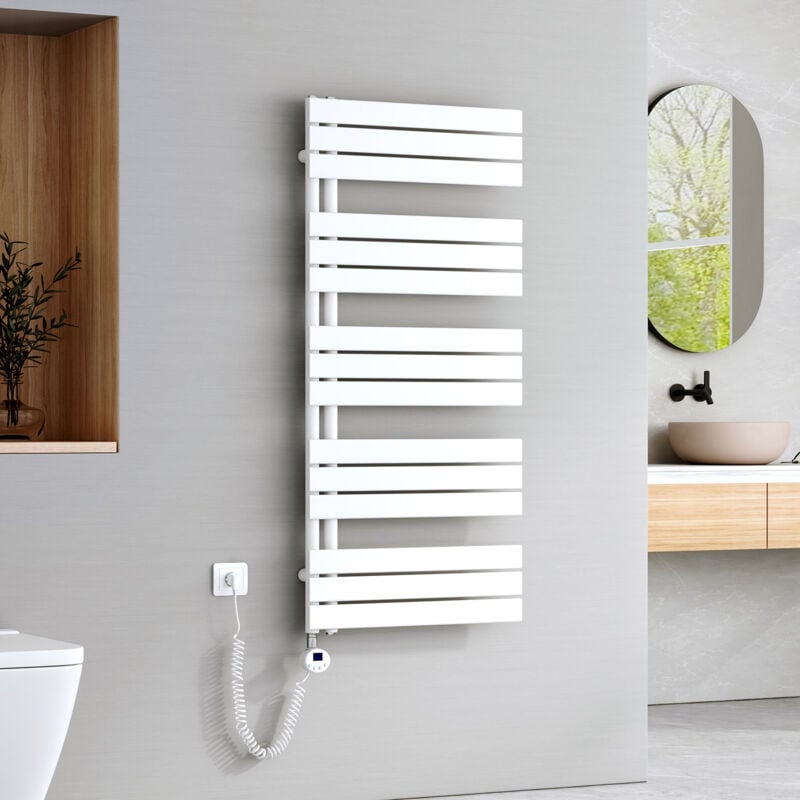 Sèche-Serviettes Électrique avec élément chauffant thermostat, Sèche-serviettes électrique Panneau avec baguette chauffante avec minuterie, Blanc