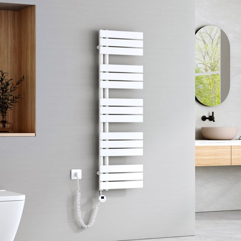 Sèche-Serviettes Électrique avec élément chauffant thermostat, Sèche-serviettes électrique Panneau avec baguette chauffante avec minuterie, Blanc