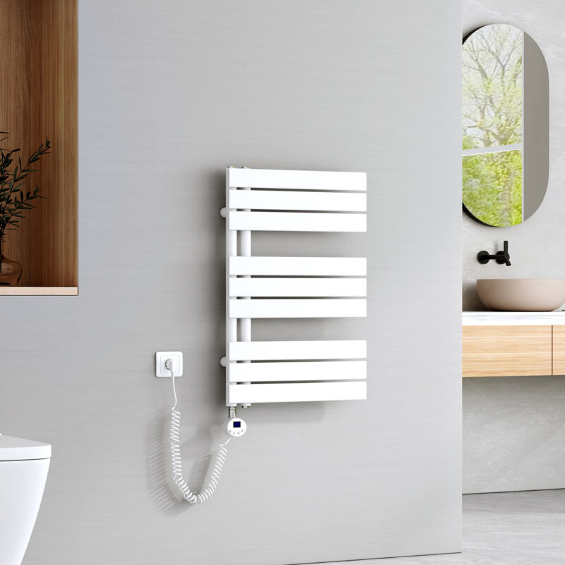 Sèche-Serviettes Électrique avec élément chauffant thermostat, Sèche-serviettes électrique Panneau avec baguette chauffante avec minuterie, Blanc