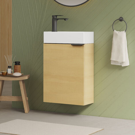 EMKE Schmale Waschtischunterschränke fürs Bad Hängender Waschbeckenunterschrank mit Keramikwaschbecken 41.7 × 24 × 64.6 cm Oak