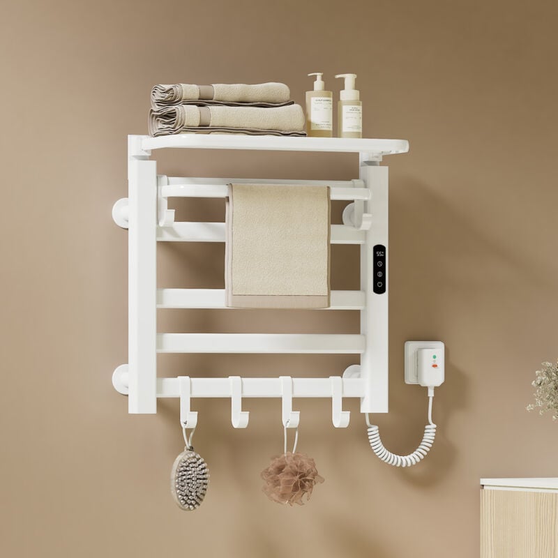Sèche-serviette électrique, 500x500x250mm, Porte-serviettes chauffant électrique avec support de rangement, lcd tactile, Blanc - Emke