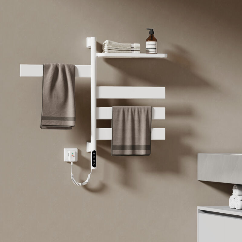 Sèche-serviette électrique, 760x450x140mm, Porte-serviettes chauffant électrique rotatif 180° avec support de rangement, lcd tactile, Tube plat,