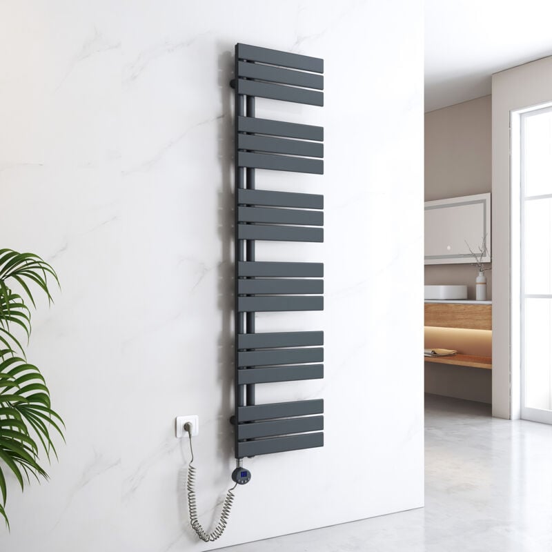 Sèche-Serviettes Électrique avec élément chauffant thermostat température réglable minuterie, Anthracite, 1599x400mm 800W - Emke