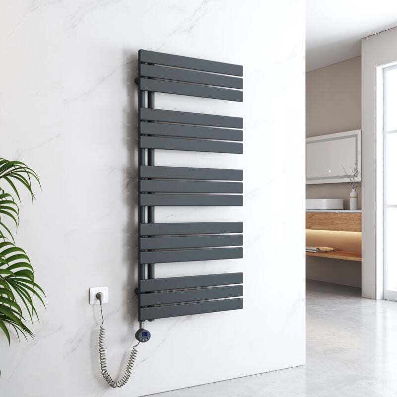 Sèche-Serviettes Électrique avec élément chauffant thermostat température réglable minuterie, Anthracite, 1320x600mm 800W - Emke