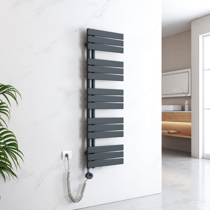 Sèche-Serviettes Électrique avec élément chauffant thermostat température réglable minuterie, Anthracite, 1320x400mm 600W - Emke