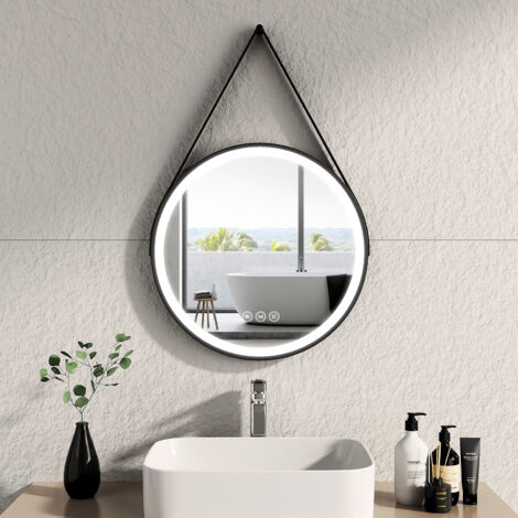 EMKE Specchi luminosi per bagno, cornice nera e cinturino regolabile, interruttore tattile antiappannamento dimmerabile - diametro 50 cm luce bianca bianca fredda/calda/neutra