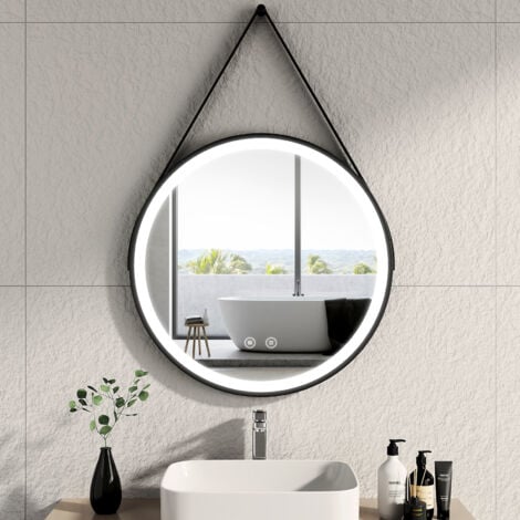 EMKE Specchi luminosi per bagno, cornice nera e cinturino regolabile, interruttore tattile antiappannamento dimmerabile - diametro 70 cm luce bianca fredda