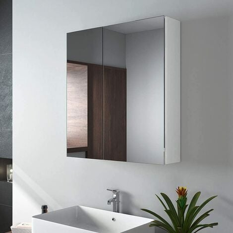 EMKE Specchio da bagno, 60 x 65 x 14,5 cm, specchio da bagno con ripiani regolabili, con maniglia invisibile e interruttore soft, doppie ante, doppio specchio, bianco opaco