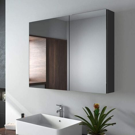 EMKE Specchio da bagno, 85 x 65 x 14,5 cm, specchio da bagno con ripiani regolabili, con maniglia invisibile e interruttore soft, doppie ante, doppio specchio, nero opaco